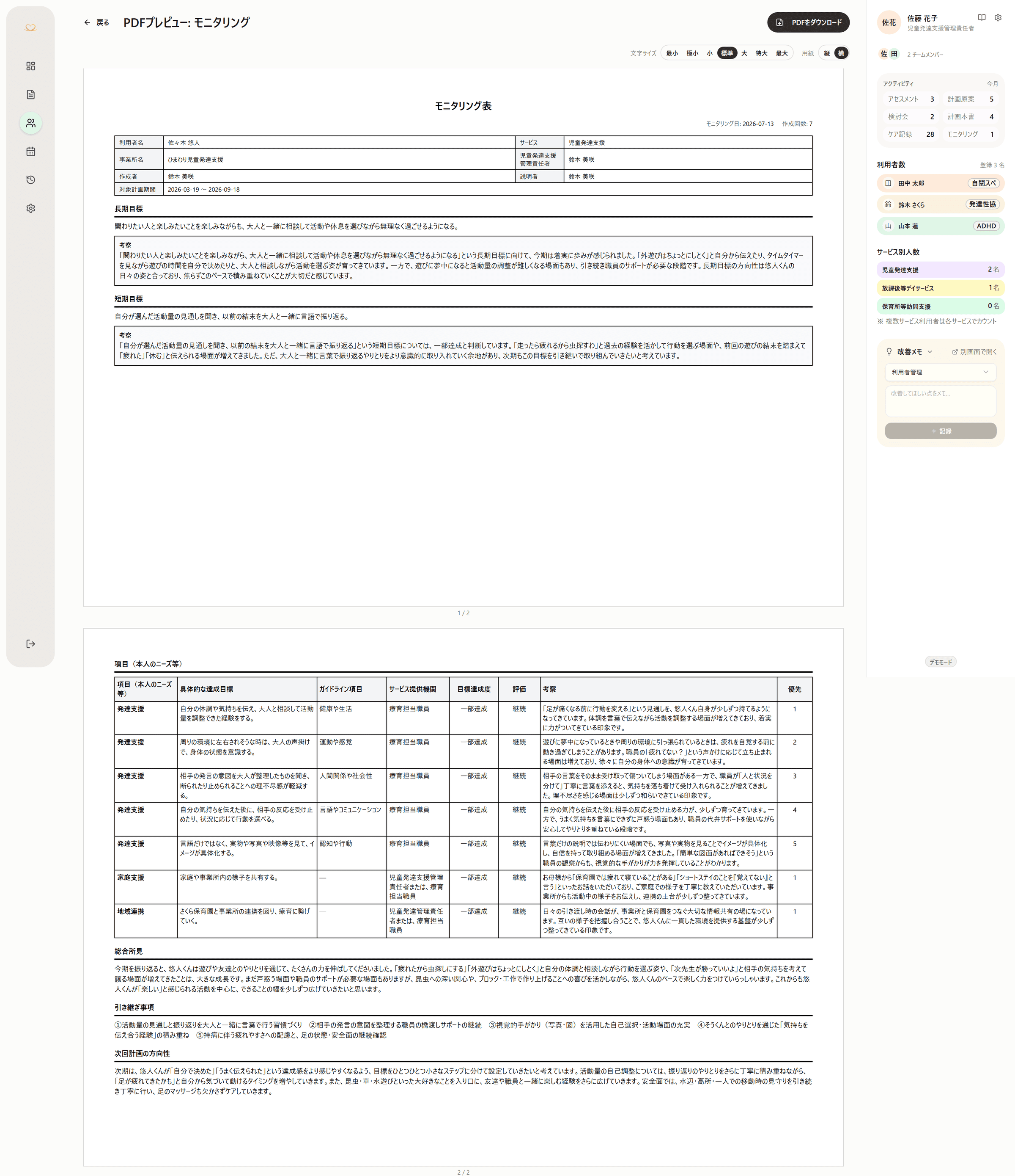 放課後等デイサービス・児童発達支援のモニタリング表サンプル。つむぎあいのPDFプレビュー画面で、モニタリング表がA4横2ページで表示され、長期目標・短期目標それぞれの考察、計画の項目ごとの目標達成度・評価・考察、総合所見、引き継ぎ事項、次回計画の方向性が並んでいる