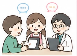 保護者・職員・専門職がタブレットを囲んで話し合う様子